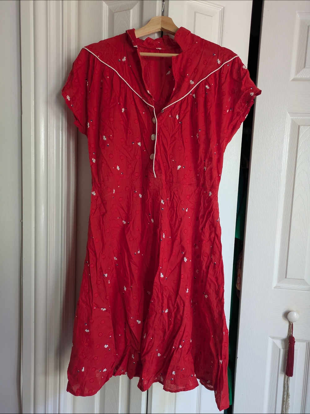 Red Day Dress with White Piping L To XL
